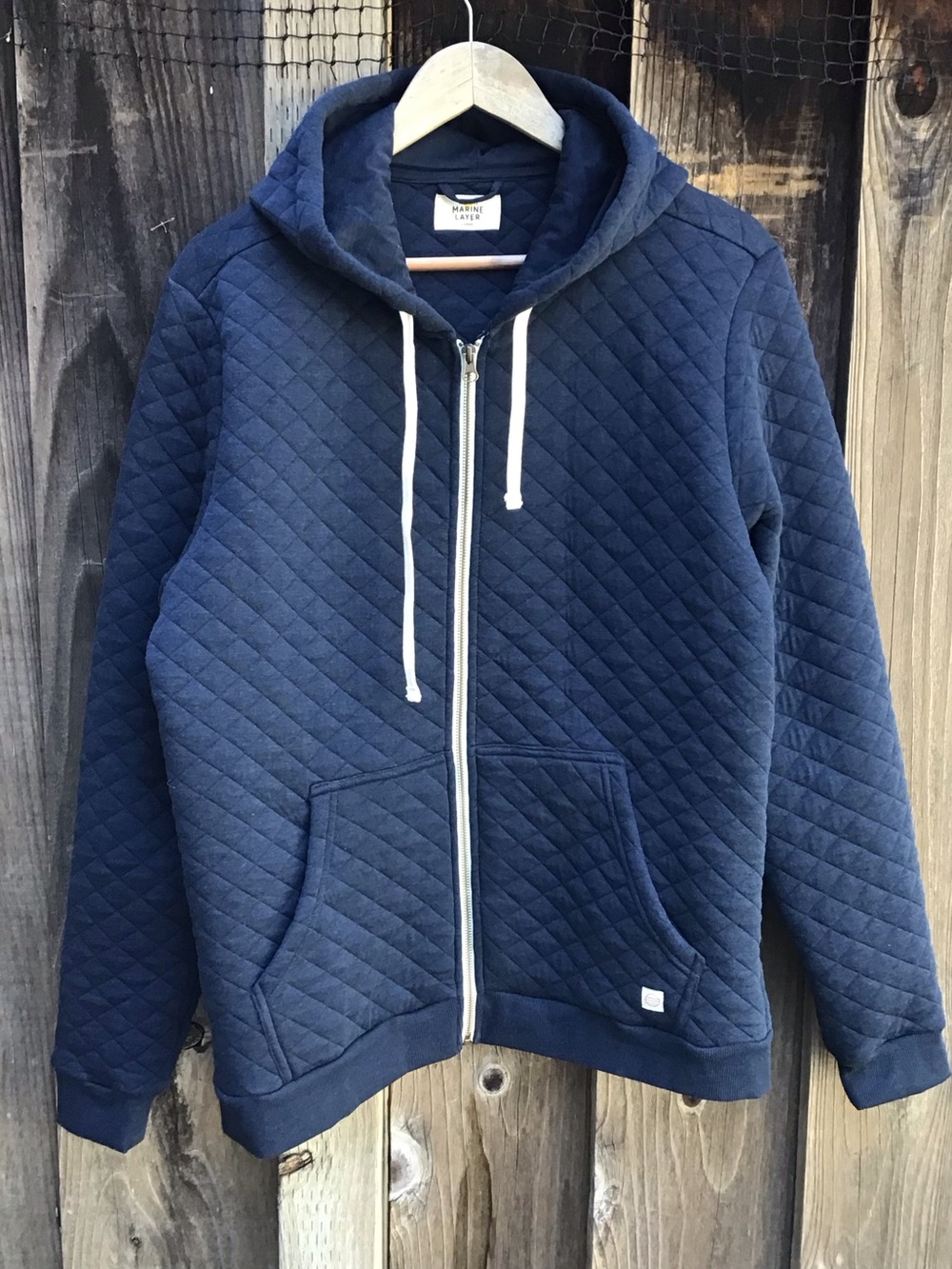 Marine Layer Quilted Zip Hoodie Mens Large Navy Blue Diamond Stitch Casual - Picture 1 of 6